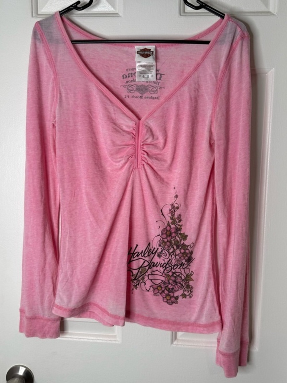 Harley-Davidson Pink V-Neck Top with Logo Tag